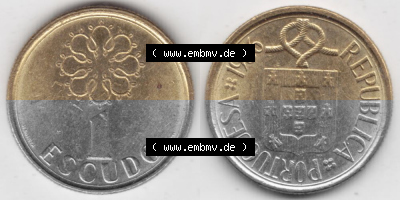 Münzen Portugal Umlaufmünze 1986-2001, 1 Escudo 1986. Vorderseite und Rückseite auf einen Bild/Foto der portugiesischen Umlaufmünze... Sammlung