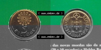 Münzen Portugal KMS Umlaufmünze 1987, 5 Escudo. Vorderseite und Rückseite auf einen Bild/Foto der portugiesischen Umlaufmünze... Sammlung