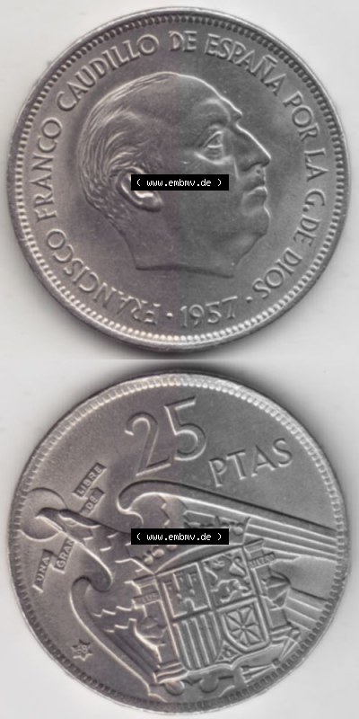 Münzen Spanien Umlaufmünze 1957-1957, 25 Peseten 1968, Münze aus Spanien, Umlaufmünze / aus Zahlungsverkehr mit Münzseiten... Sammlung