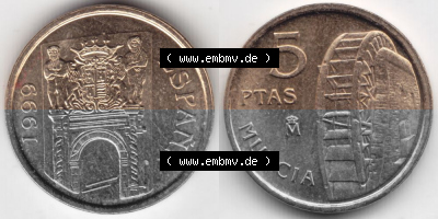 Münzen Spanien Umlaufmünze 1999-1999, 5 Ptas, Peseten 1999, Bild mit Vollansicht als Bildmaterial Sammlung
