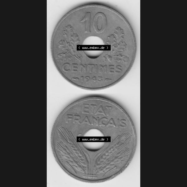 Grau bzw. s/w Münze Frankreich 1941-1943, 10 Centimes, Etat Francais 1943. Vorderseite und Rückseite vertikal auf einen digitalen Bild der alten französischen Umlaufmünze 10 Cmes... Sammlung Graustufen
