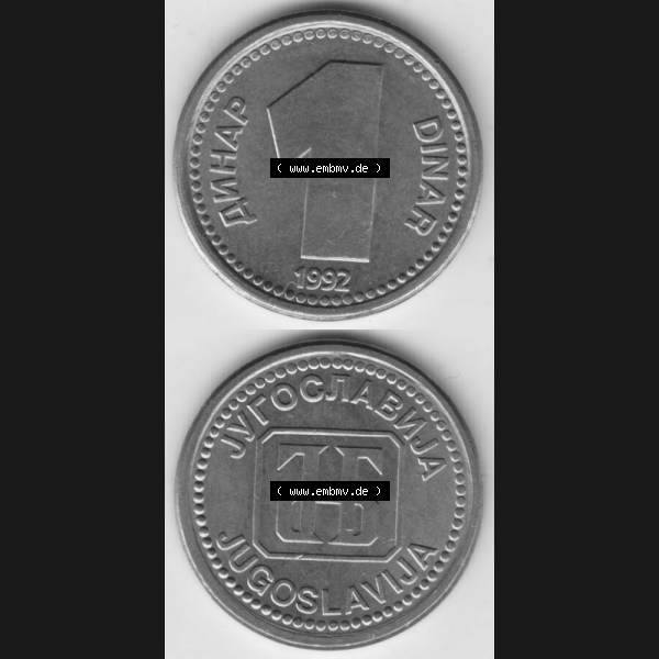 Grau bzw. s/w Münzen Jugoslawien Umlaufmünze 1992-1992, 1 Dinar, Anhap, Münzseiten Vertikal für Mobile-Geräte als Bildmaterial Sammlung Graustufen