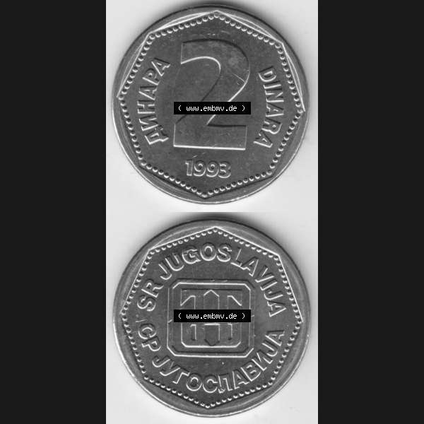 Grau bzw. s/w Münzen Jugoslawien Umlaufmünze 1993-1993, 2 Dinara, Dinar, Münzseiten Vertikal für Mobile-Geräte als Bildmaterial Sammlung Graustufen