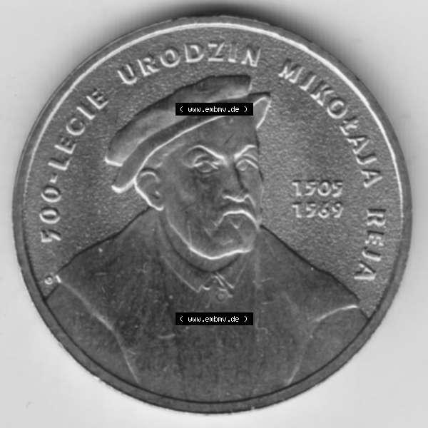 Grau bzw. s/w Münzen Polen Gedenkmünze 2005-2005, 2 Zloty, 500. Geburtstag von Mikołaj Rej, Bild mit Rückseite der Münze als Bildmaterial Sammlung Graustufen