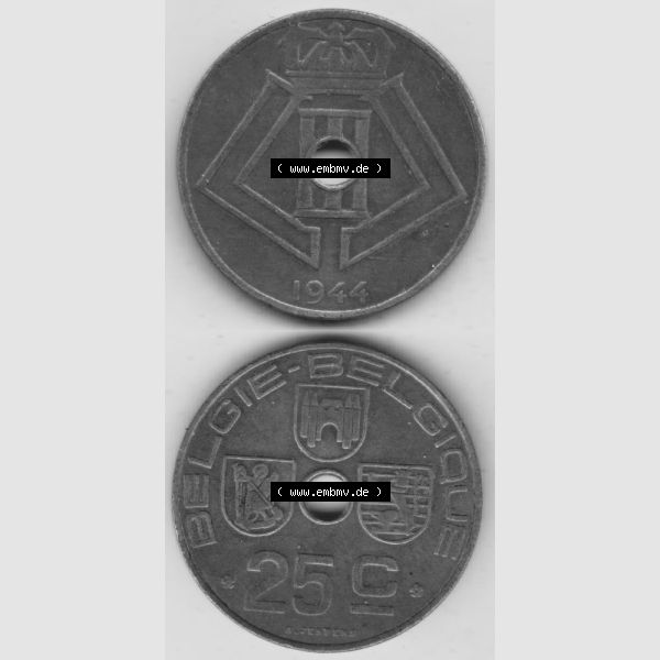 Grau bzw. s/w Münzen Belgien Umlaufmünze 1942-1946, 25 Centimes 1944 Belgie - Belgique. Vorderseite und Rückseite vertikal auf einen digitalen Bild der alten belgischen Francs Umlaufmünze... Sammlung Graustufen