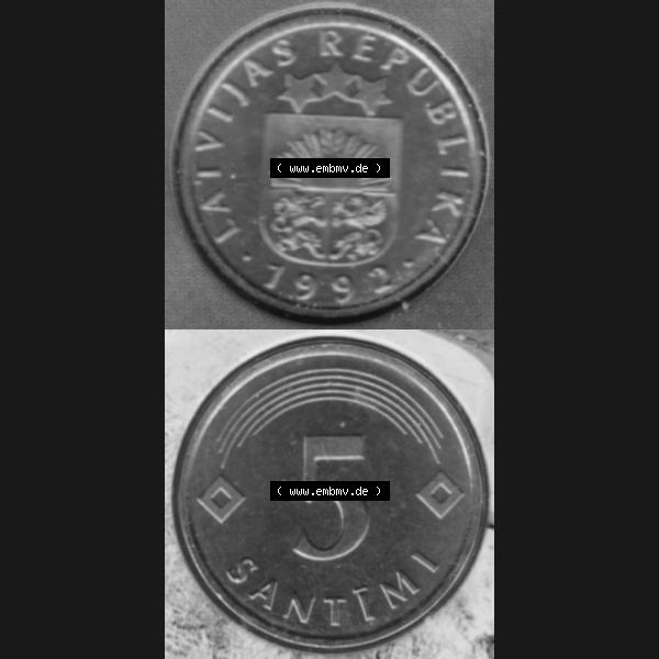 Grau bzw. s/w Münzen Lettland Umlaufmünze 1992-2009, 5 Centimes 1992, Münze aus Münzensatz, Münzseiten Vertikal für Mobile-Geräte als Bildmaterial Sammlung Graustufen