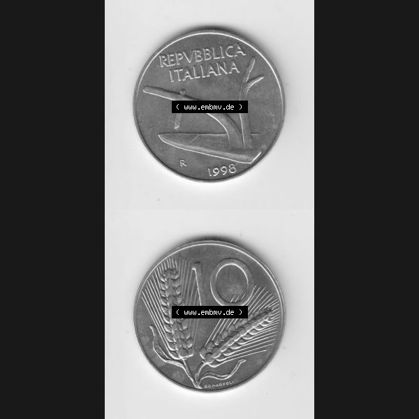 Grau bzw. s/w Münzen Italien Umlaufmünze 1951-2001, 10 Lira bzw. Lire 1998. Vorderseite und Rückseite vertikal untereinander auf einen digitalen Bild der alten italienischen Münze... Sammlung Graustufen