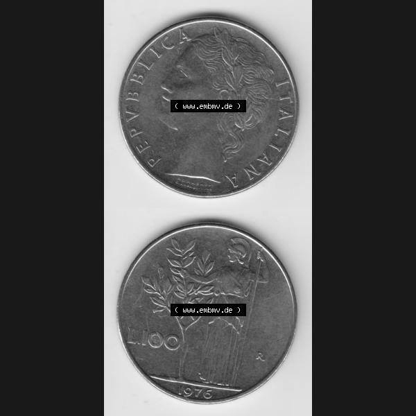 Grau bzw. s/w Münzen Italien Umlaufmünze 1955-1989, 100 Lire, Lira 1976. Vorderseite und Rückseite vertikal untereinander auf einen digitalen Bild der alten italienischen Münze... Sammlung Graustufen