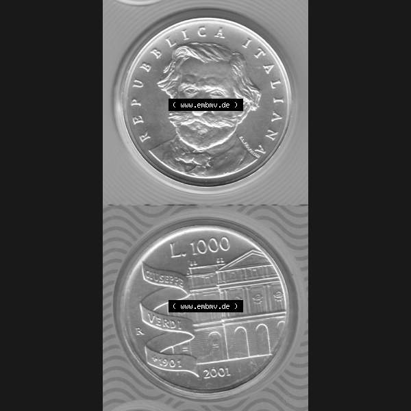 Grau bzw. s/w Münzen Italien Gedenkmünze 2001-2001, 1000 Lira-Lire Silbermünze. Vorderseite und Rückseite vertikal untereinander auf einen digitalen Bild der alten italienischen Münze... Sammlung Graustufen