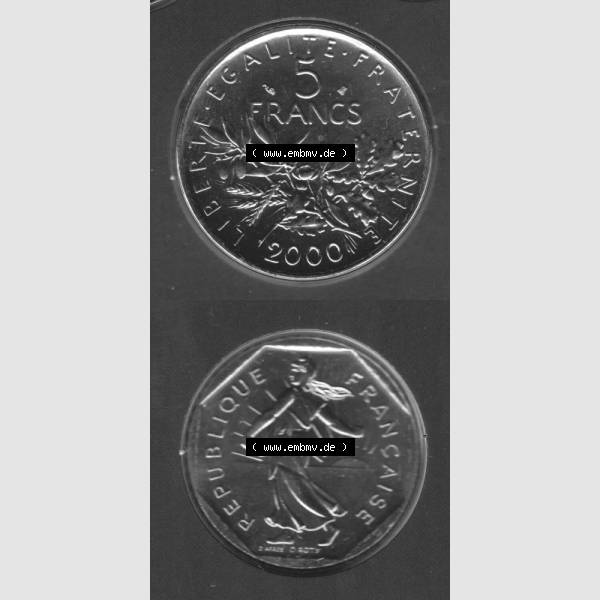 Grau bzw. s/w Münze Frankreich 2000, 5 Francs. Vorderseite und Rückseite vertikal auf einen digitalen Bild der alten französischen Umlaufmünze aus Frankreich in der Francs-Währung... Sammlung Graustufen