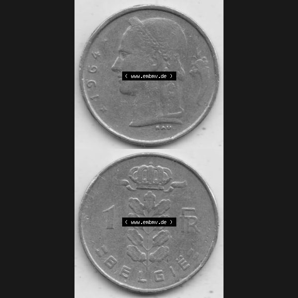 Grau bzw. s/w Münzen Belgien Umlaufmünze 1950-1988, 1 Francs-Franken 1964 Belgie. Vorderseite und Rückseite vertikal auf einen digitalen Bild der alten belgischen Francs Umlaufmünze... Sammlung Graustufen