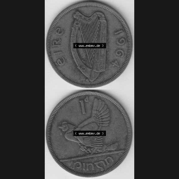 Grau bzw. s/w Münzen Irland Umlaufmünze 1940-1968, 1 Penny 1964. Vorderseite und Rückseite vertikal untereinander auf einen digitalen Bild der alten irischen Umlaufmünze aus Irland in... Sammlung Graustufen
