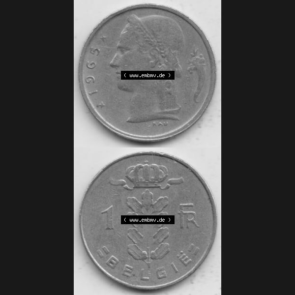 Grau bzw. s/w Münzen Belgien Umlaufmünze 1950-1988, 1 Francs-Franken 1965 Belgie. Vorderseite und Rückseite vertikal auf einen digitalen Bild der alten belgischen Francs Umlaufmünze... Sammlung Graustufen