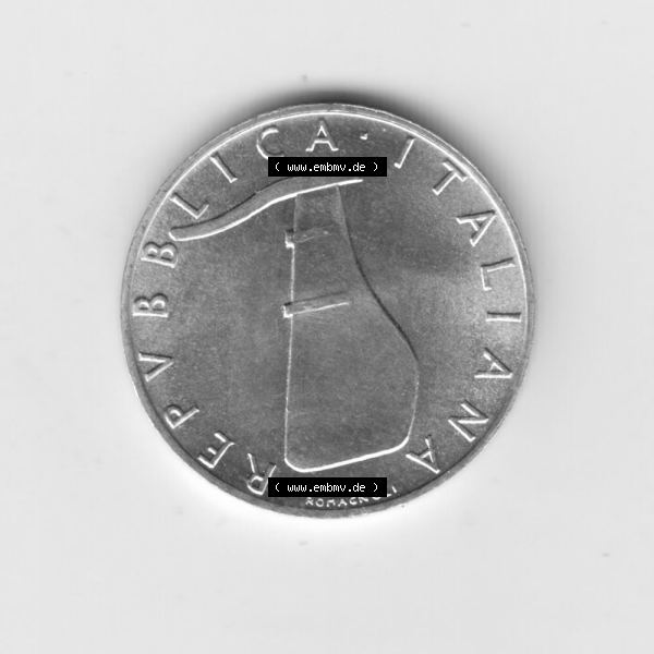 Grau bzw. s/w Münzen Italien Umlaufmünze 1951-2001, 5 Lira-Lire Schiffs-Ruder 1972. Vorderseite der alten italienischen Münze aus Italien in der italienischen Lira-Währung zum katalogisieren... Sammlung Graustufen