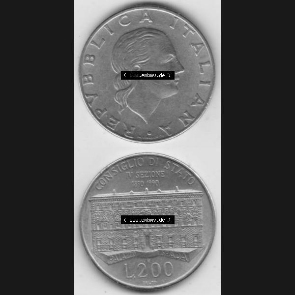 Grau bzw. s/w Münzen Italien Gedenkmünze 1990-1990, 200 Lire Gründung von Staatsrat. Vorderseite und Rückseite vertikal untereinander auf einen digitalen Bild der alten italienischen... Sammlung Graustufen