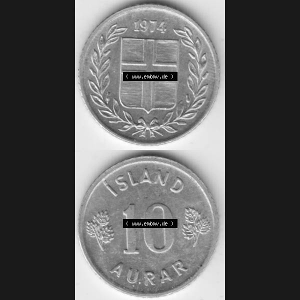 Grau bzw. s/w Münzen Island Umlaufmünze 1970-1974, 10 Aurar 1974, Münzseiten Vertikal für Mobile-Geräte zum Bildmaterial Sammlung Graustufen