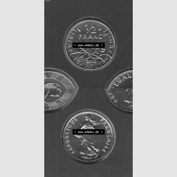 Grau bzw. s/w Münze Frankreich 2000, 0,50 Francs. Vorderseite und Rückseite vertikal auf einen digitalen Bild der alten französischen Umlaufmünze aus Frankreich in der Francs-Währung... Sammlung Graustufen