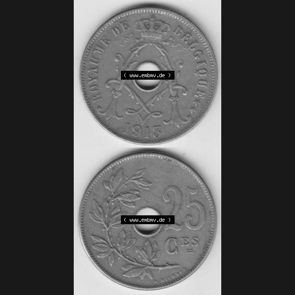Grau bzw. s/w Münzen Belgien Umlaufmünze 1913-1929, 25 Ces, Centimes, Cent Koninkrijk Belgie. Vorderseite und Rückseite vertikal auf einen digitalen Bild der alten belgischen... Sammlung Graustufen