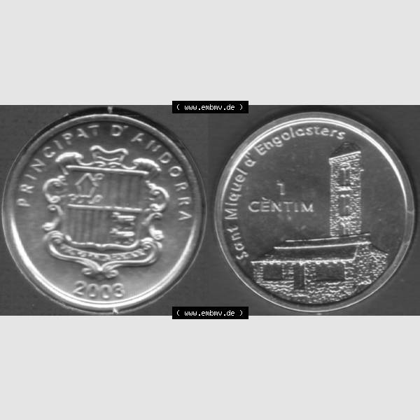 Grau bzw. s/w Münzen Andorra Sammlermünze aus KMS 2003, 1 Centim, Kirche Sant Miquel d’Engolasters. Vorderseite und Rückseite horizontal auf einen digitalen Bild der alten Diner... Sammlung Graustufen