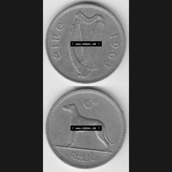 Grau bzw. s/w Münzen Irland Umlaufmünze 1942-1969, 6 Pence 1963. Vorderseite und Rückseite vertikal untereinander auf einen digitalen Bild der alten irischen Umlaufmünze aus Irland in... Sammlung Graustufen