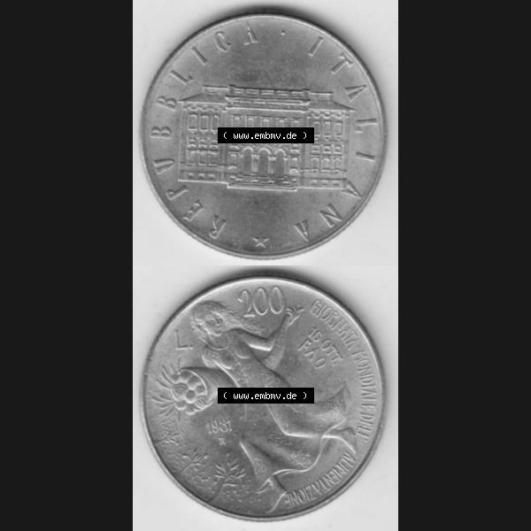 Grau bzw. s/w Münzen Italien Gedenkmünze 1981-1981, 200 Lire FAO - Welternährungstag. Vorderseite und Rückseite vertikal untereinander auf einen digitalen Bild der alten italienischen... Sammlung Graustufen