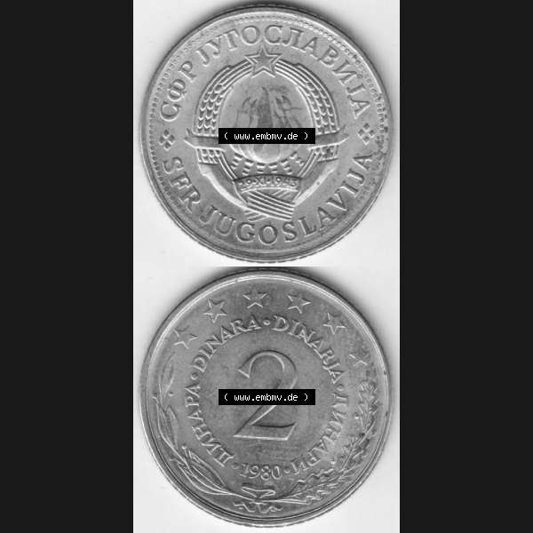 Grau bzw. s/w Münzen Jugoslawien Umlaufmünze 1971-1981, 2 Dinara, Dinarja 1980, Münzseiten Vertikal für Mobile-Geräte als Bildmaterial Sammlung Graustufen