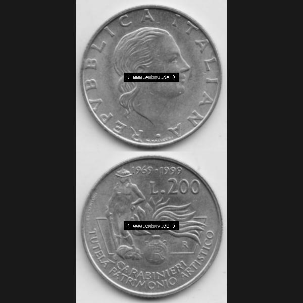 Grau bzw. s/w Münzen Italien Gedenkmünze 1999-1999, 200 Lire Carabinieri, Schutz der Kunsterbe, Münzseiten Vertikal für Mobile-Geräte zum Download Sammlung Graustufen