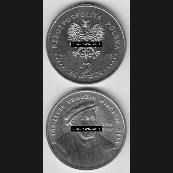 Grau bzw. s/w Münzen Polen Gedenkmünze 2005-2005, 2 Zloty, 500. Geburtstag von Mikołaj Rej, Münzseiten Vertikal für Mobile-Geräte als Bildmaterial Sammlung Graustufen