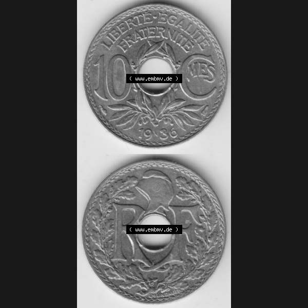 Grau bzw. s/w Münze Frankreich 1917-1938, 10 Centimes, Cent 1936. Vorderseite und Rückseite vertikal auf einen digitalen Bild der alten französischen Umlaufmünze 10 Cmes - Centimes... Sammlung Graustufen