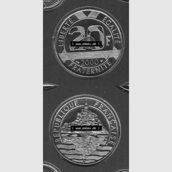 Grau bzw. s/w Münze Frankreich 2000, 20 Francs. Vorderseite und Rückseite vertikal auf einen digitalen Bild der alten französischen Umlaufmünze aus Frankreich in der Francs-Währung... Sammlung Graustufen