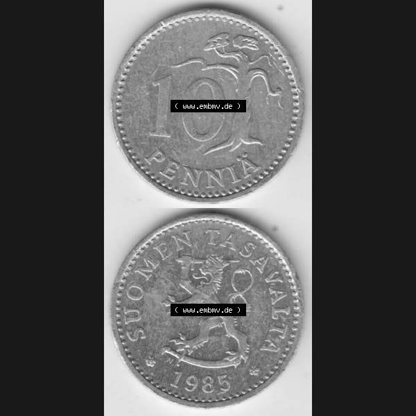Grau bzw. s/w Münzen Finnland Umlaufmünze 1983-1990, 10 Penniä 1985. Vorderseite und Rückseite vertikal auf einen digitalen Bild der alten finnischen Umlaufmünze aus Finnland SUOMI... Sammlung Graustufen