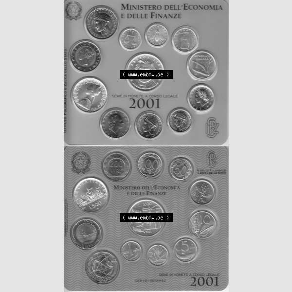 Grau bzw. s/w Münzen Italien KMS Münzensatz 2001-2001, Münzsatz von Italien 1 Lira bis 1000 Lire Innenseite. Vorderseite und Rückseite vertikal untereinander auf einen digitalen Bild... Sammlung Graustufen