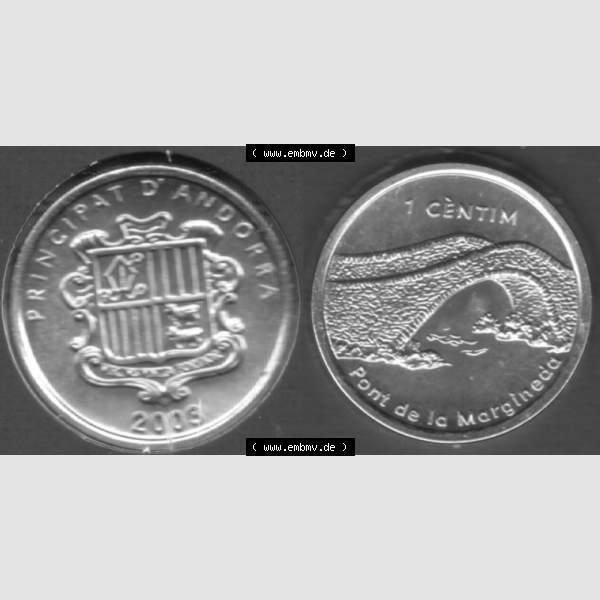 Grau bzw. s/w Münzen Andorra Sammlermünze aus KMS 2003, 1 Centime, Brücke von Margineda. Vorderseite und Rückseite horizontal auf einen digitalen Bild der alten Diner Umlaufmünze... Sammlung Graustufen