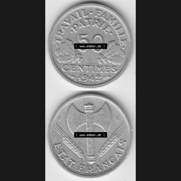 Grau bzw. s/w Münze Frankreich 1942-1944, 50 Centimes, Cent 1942. Vorderseite und Rückseite vertikal auf einen digitalen Bild der alten französischen Umlaufmünze aus Frankreich... Sammlung Graustufen