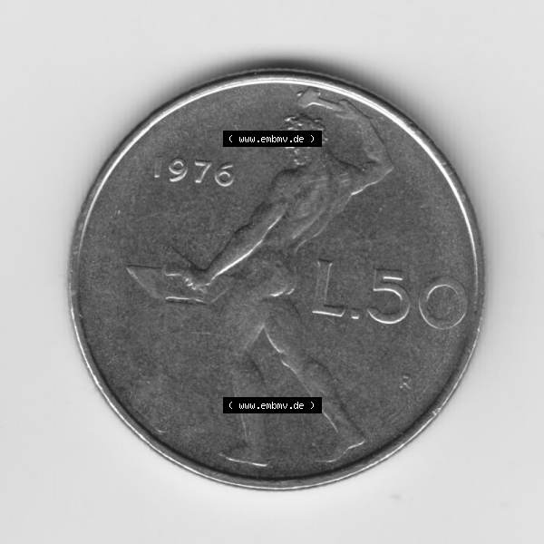 Grau bzw. s/w Münzen Italien Umlaufmünze 1954-1989, 50 Lira, bzw. Lire 1976. Rückseite der alten italienischen Münze aus Italien in der italienischen Lira-Währung zum... Sammlung Graustufen