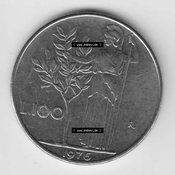 Grau bzw. s/w Münzen Italien Umlaufmünze 1955-1989, 100 Lire, Lira 1976. Rückseite der alten italienischen Münze aus Italien in der italienischen Lira-Währung zum katalogisieren... Sammlung Graustufen