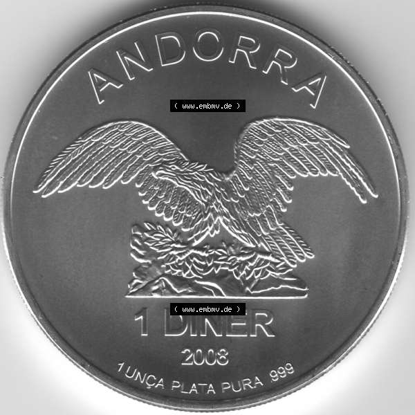 Grau bzw. s/w Münzen Andorra Edelmetallmünze 2008-2014, 1 Diner Silbermünze, Wappen von Andorra 2008. Vorderseite der alten Diner Umlaufmünze aus Andorra vor Einführung der... Sammlung Graustufen