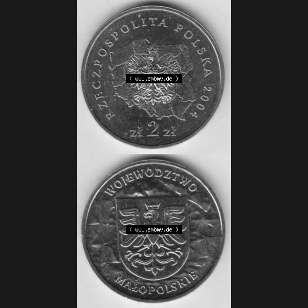 Grau bzw. s/w Münzen Polen Gedenkmünze 2004-2004, 2 Zloty, Woiwodschaft Kleinpolen, Münzseiten Vertikal für Mobile-Geräte als Bildmaterial Sammlung Graustufen