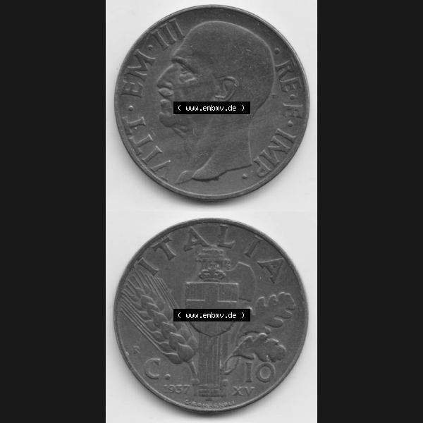 Grau bzw. s/w Münzen Italien Umlaufmünze 1936-1939, 10 Centesimi 1937, Münzseiten Vertikal für Mobile-Geräte zum Download Sammlung Graustufen