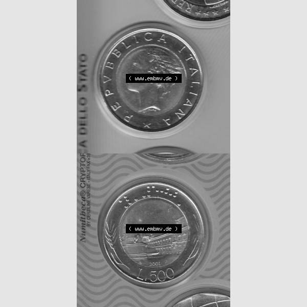 Grau bzw. s/w Münzen Italien Umlaufmünze 1982-2001, 500 Lira-Lire Unedeles Metall 2001. Vorderseite und Rückseite vertikal untereinander auf einen digitalen Bild der alten italienischen Münze... Sammlung Graustufen
