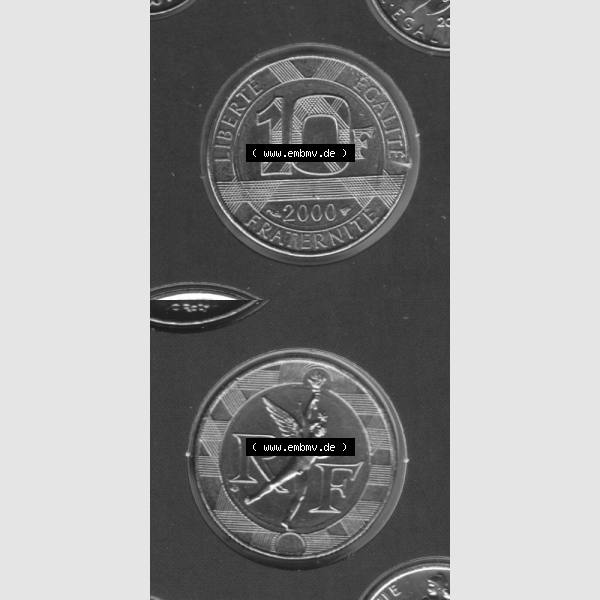 Grau bzw. s/w Münze Frankreich 2000, 10 Francs. Vorderseite und Rückseite vertikal auf einen digitalen Bild der alten französischen Umlaufmünze aus Frankreich in der Francs-Währung... Sammlung Graustufen