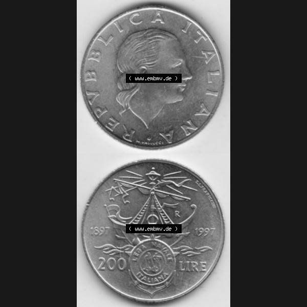Grau bzw. s/w Münzen Italien Gedenkmünze 1997-1997, 200 Lire Italienische Meeresliga. Vorderseite und Rückseite vertikal untereinander auf einen digitalen Bild der alten italienischen Münze... Sammlung Graustufen