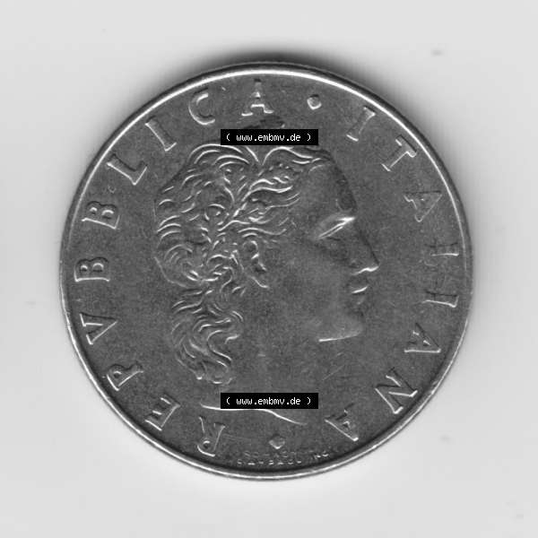 Grau bzw. s/w Münzen Italien Umlaufmünze 1954-1989, 50 Lira, bzw. Lire 1976. Vorderseite der alten italienischen Münze aus Italien in der italienischen Lira-Währung zum... Sammlung Graustufen