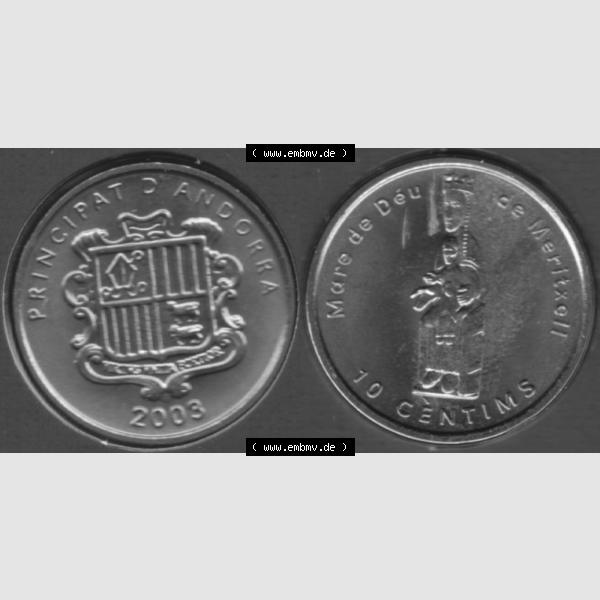 Grau bzw. s/w Münzen Andorra Sammlermünze aus KMS 2003, 10 Centims, Jungfrau von Meritxell. Vorderseite und Rückseite horizontal auf einen digitalen Bild der alten Diner Umlaufmünze... Sammlung Graustufen