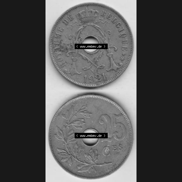 Grau bzw. s/w Münzen Belgien Umlaufmünze 1913-1929, 25 Ces, 1921 Centimes Belgique. Vorderseite und Rückseite vertikal auf einen digitalen Bild der alten belgischen Francs Umlaufmünze... Sammlung Graustufen