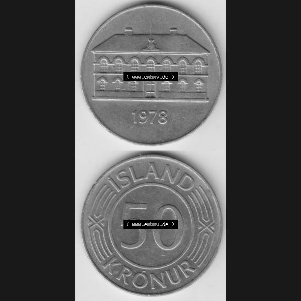 Grau bzw. s/w Münzen Island Umlaufmünze 1970-1980, 50 Kronur, Kronen 1978. Vorderseite und Rückseite vertikal untereinander auf einen digitalen Bild der alten Isländischen Umlaufmünze... Sammlung Graustufen
