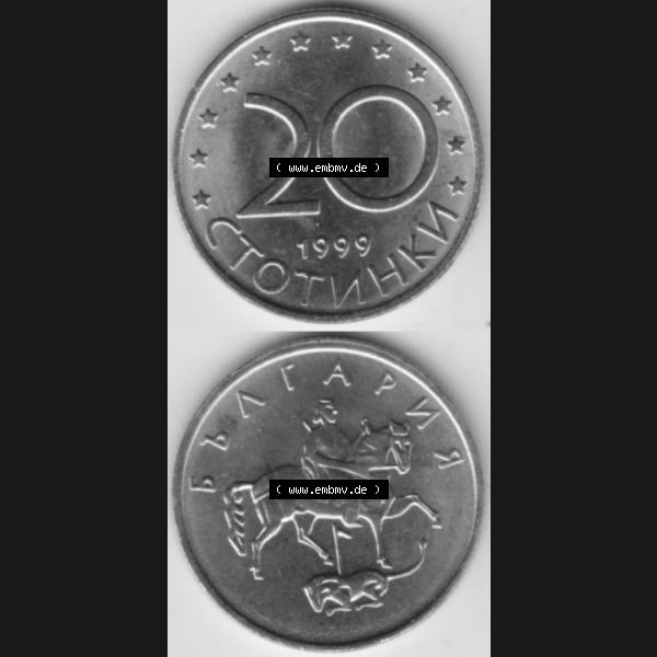Grau bzw. s/w Münzen Bulgarien Umlaufmünze 1999, 20 CTOTNHKN Stotinki, Münzseiten Vertikal für Mobile-Geräte zum Download Sammlung Graustufen