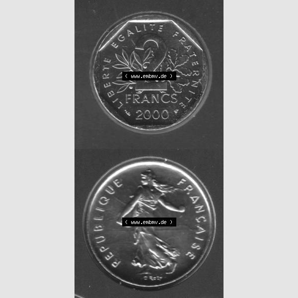 Grau bzw. s/w Münze Frankreich 2000, 2 Francs. Vorderseite und Rückseite vertikal auf einen digitalen Bild der alten französischen Umlaufmünze aus Frankreich in der Francs-Währung... Sammlung Graustufen