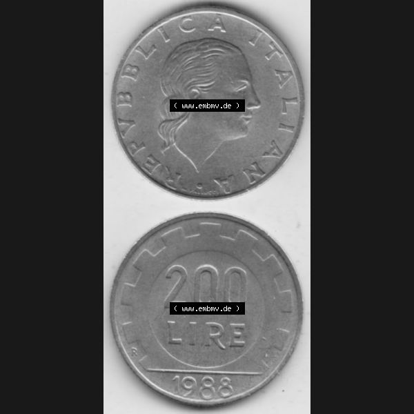 Grau bzw. s/w Münzen Italien Umlaufmünze 1977-2001, 200 Lire, Zahnrad 1988. Vorderseite und Rückseite vertikal untereinander auf einen digitalen Bild der alten italienischen Münze... Sammlung Graustufen