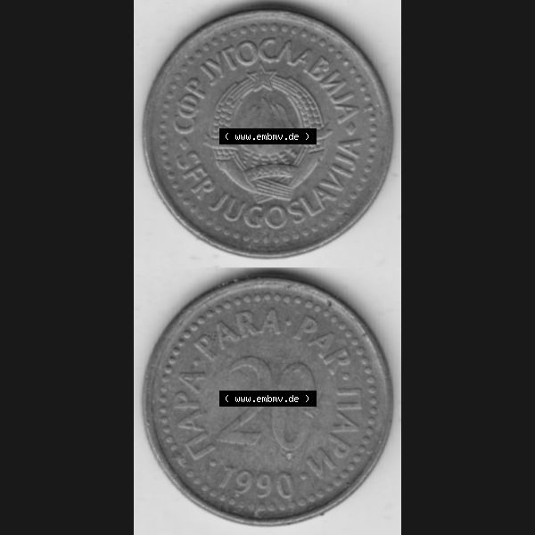 Grau bzw. s/w Münzen Jugoslawien Umlaufmünze 1990-1991, 20 Para 1990, Münzseiten Vertikal für Mobile-Geräte als Bildmaterial Sammlung Graustufen